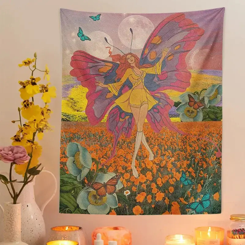 Vintage butterfly girl wall hanging bedroom fairy tapestry