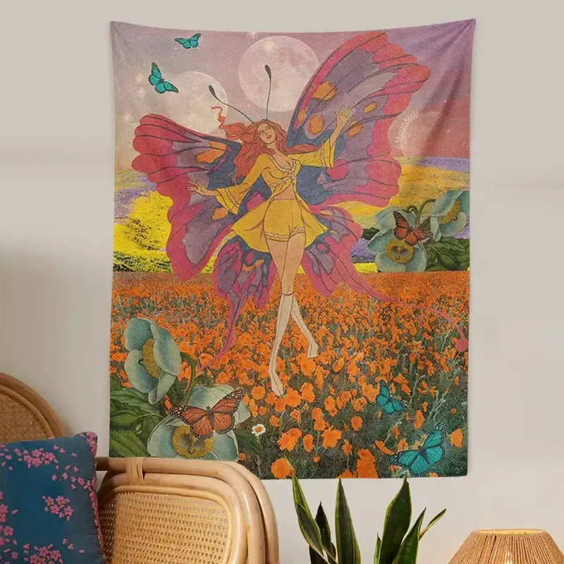 Vintage butterfly girl wall hanging bedroom fairy tapestry