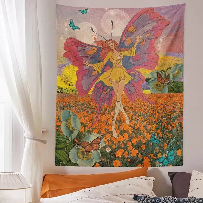 Vintage butterfly girl wall hanging bedroom fairy tapestry