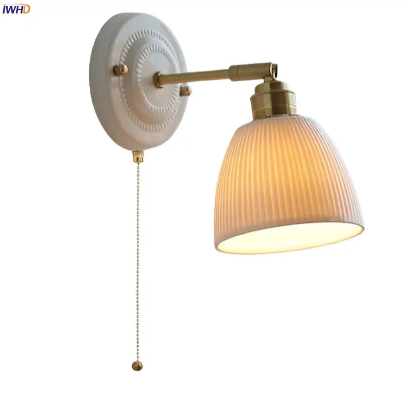Vintage ceramic and brass wall sconce light bedroom pull chain