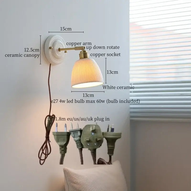 Vintage ceramic and brass wall sconce light bedroom pull chain