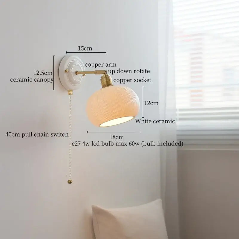 Vintage ceramic and brass wall sconce light bedroom pull chain