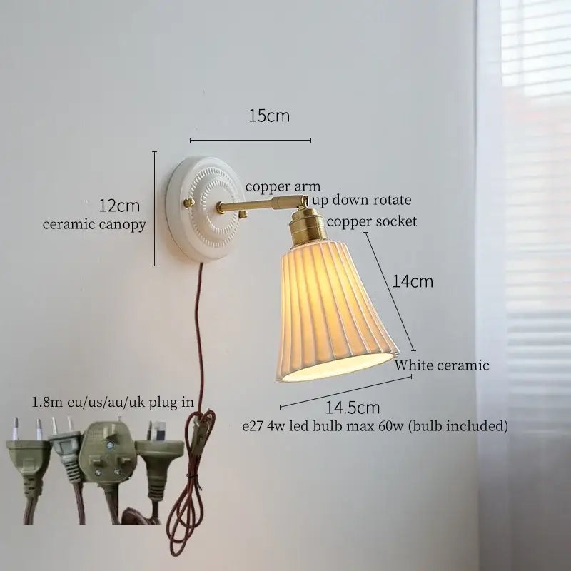 Vintage ceramic and brass wall sconce light bedroom pull chain