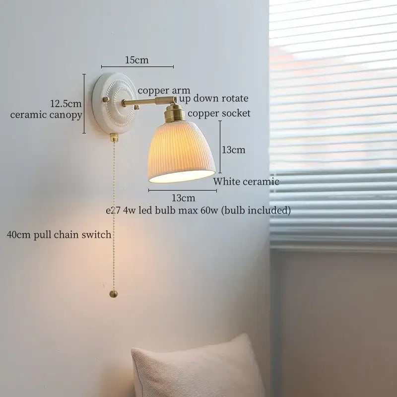 Vintage ceramic and brass wall sconce light bedroom pull chain