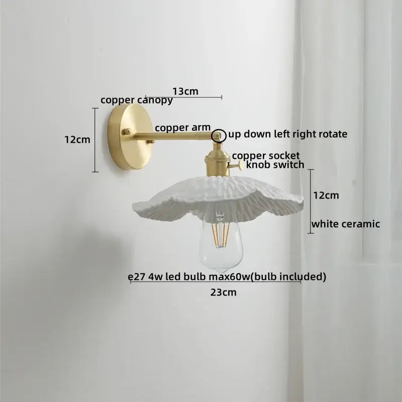 Vintage ceramic copper led wall light for bedroom with ruffled shade