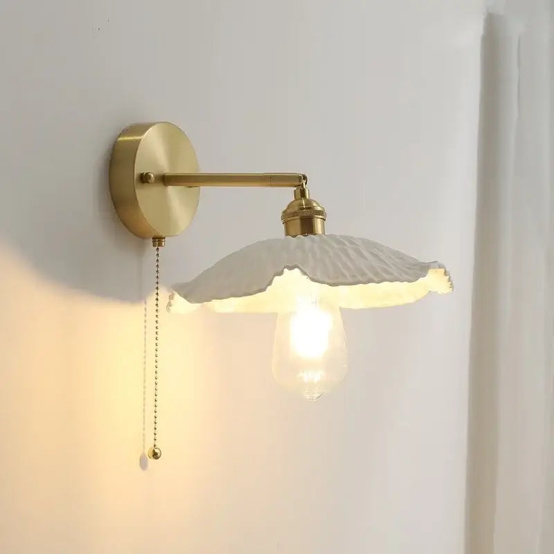 Vintage ceramic copper led wall light for bedroom with ruffled shade