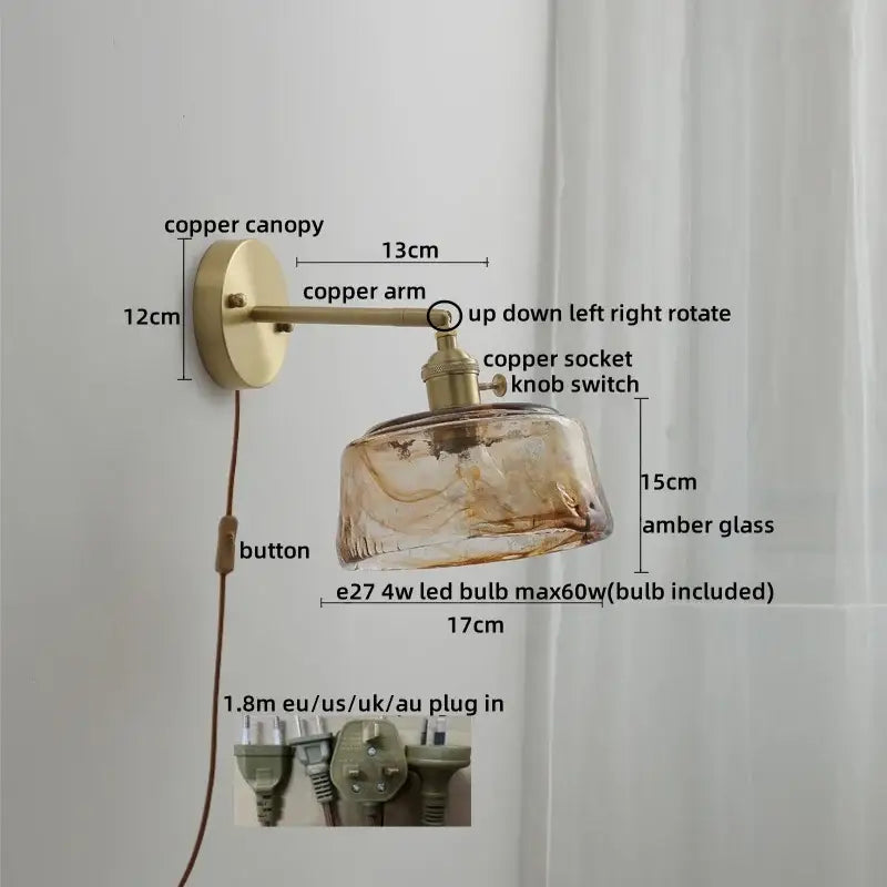 Vintage ceramic copper led wall light for bedroom with ruffled shade