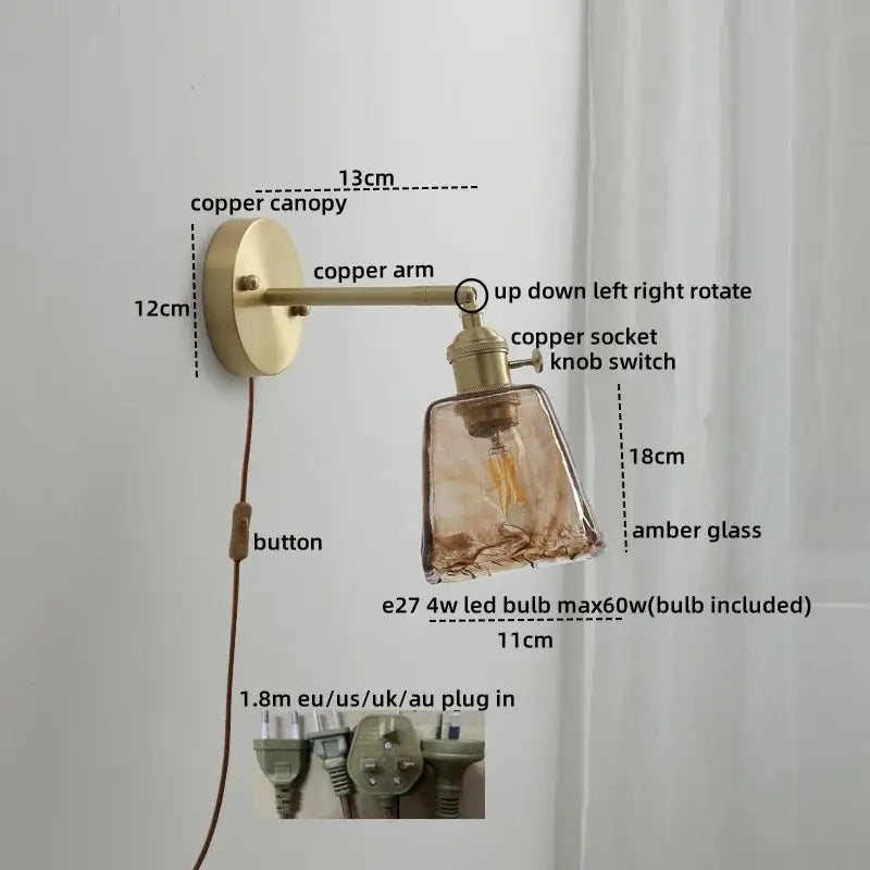 Vintage ceramic copper led wall light for bedroom with ruffled shade