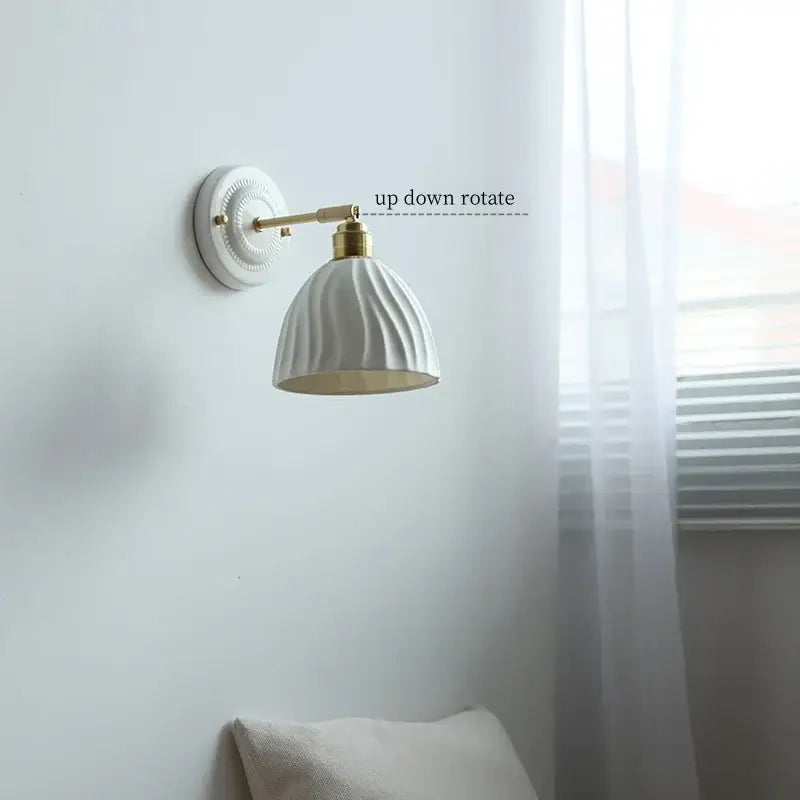 Vintage ceramic wall sconce with copper arm – bedroom pull chain lamp