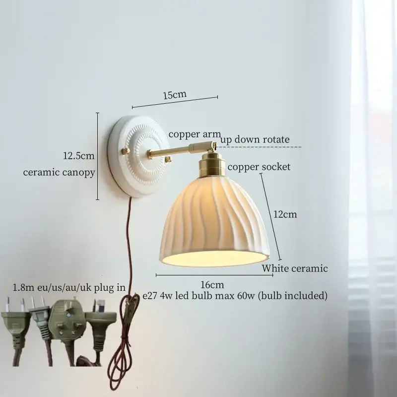 Vintage ceramic wall sconce with copper arm – bedroom pull chain lamp