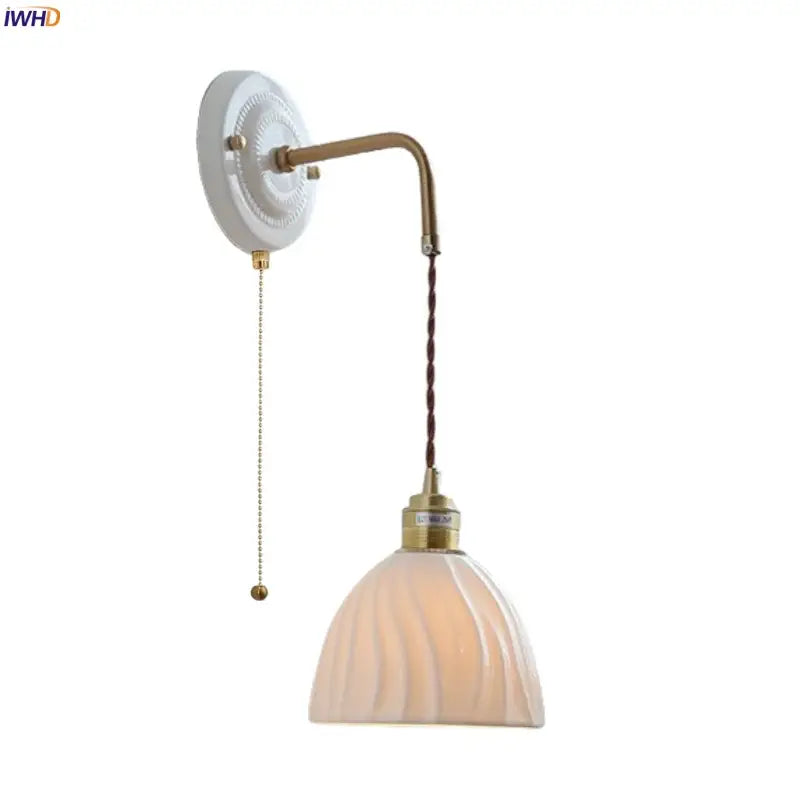 Vintage ceramic wall sconce with copper arm – bedroom pull chain lamp