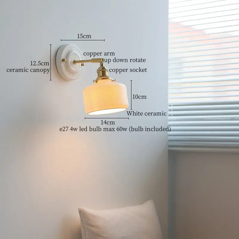 Vintage ceramic wall sconce with copper arm – bedroom pull chain lamp