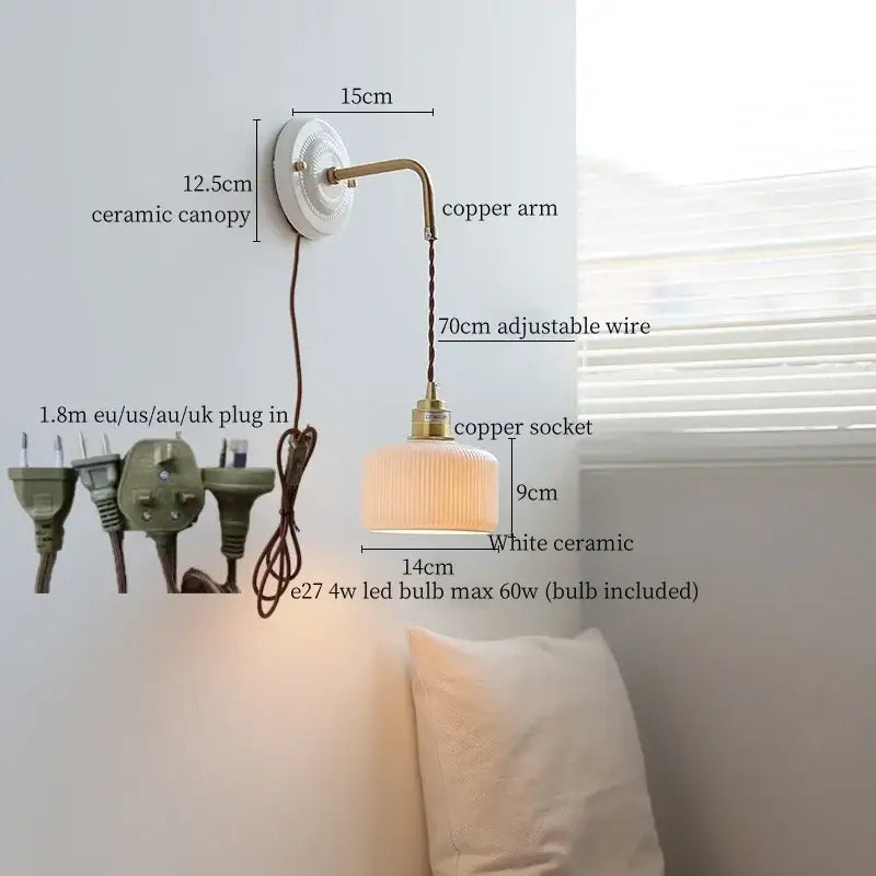 Vintage ceramic wall sconce with copper arm – bedroom pull chain lamp