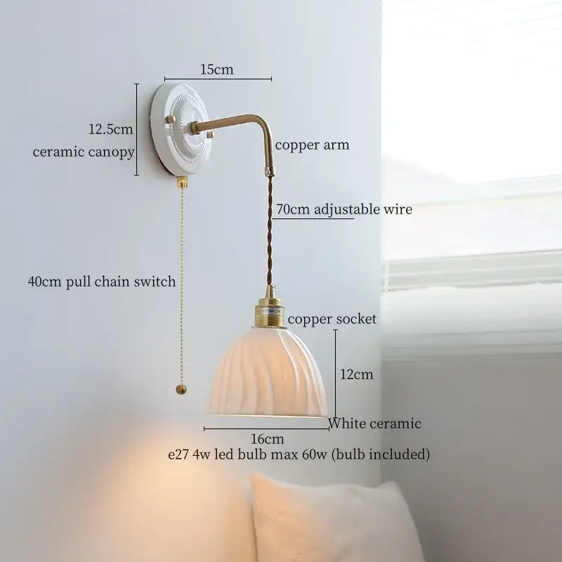 Vintage ceramic wall sconce with copper arm – bedroom pull chain lamp