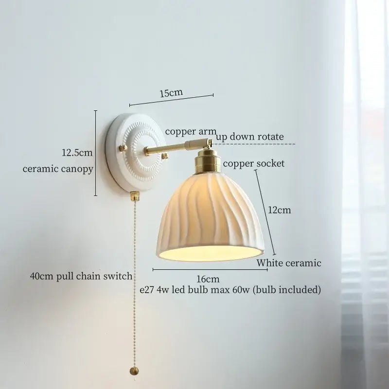 Vintage ceramic wall sconce with copper arm – bedroom pull chain lamp