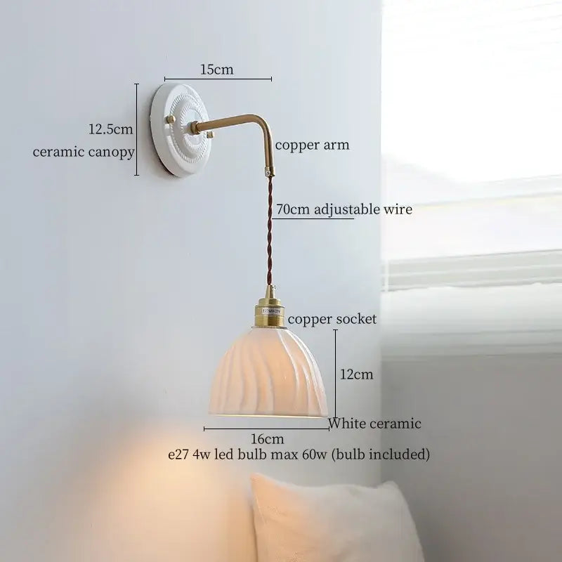 Vintage ceramic wall sconce with copper arm – bedroom pull chain lamp