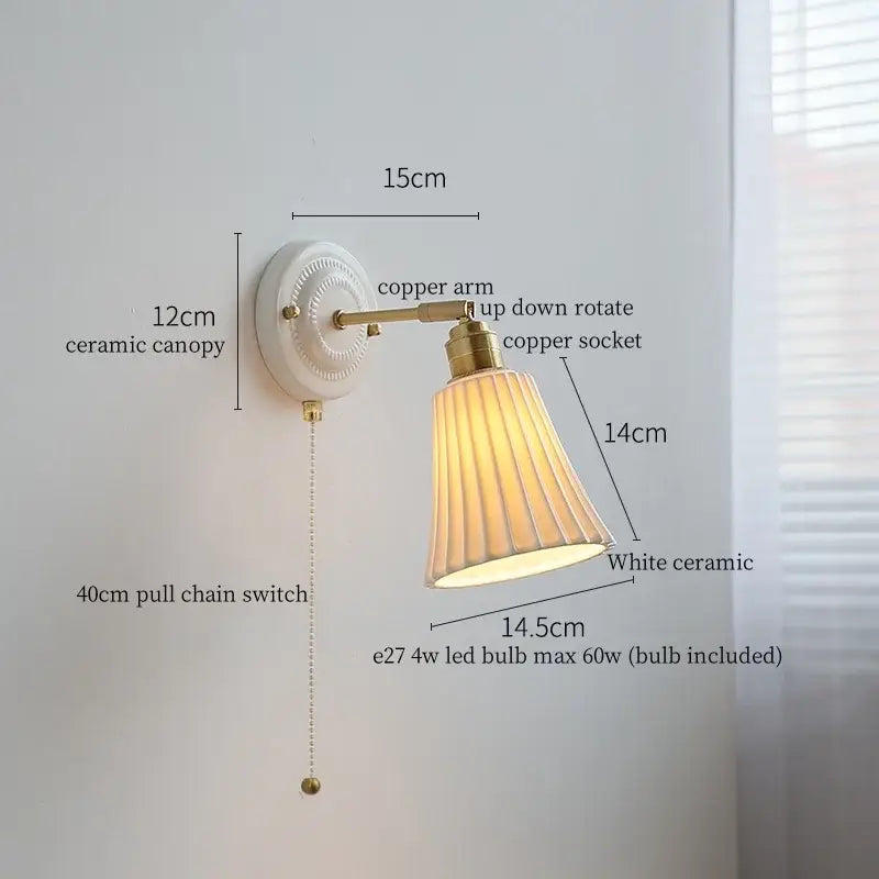 Vintage cream ribbed glass ceramic led wall lamp bedroom light