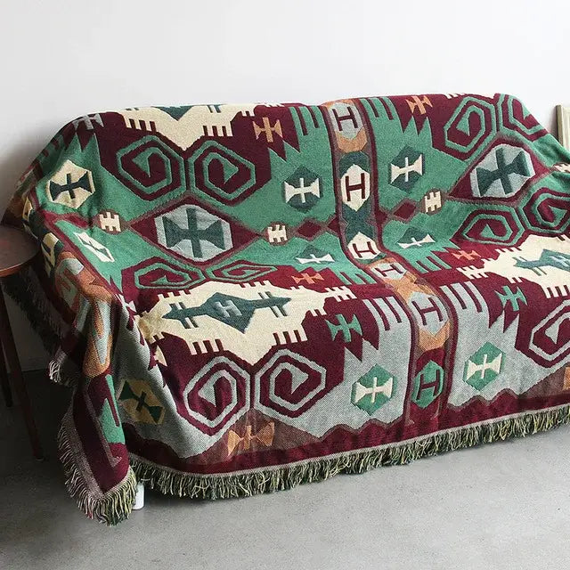 Vintage earth tone world map bohemian cotton plaid sofa blanket living room