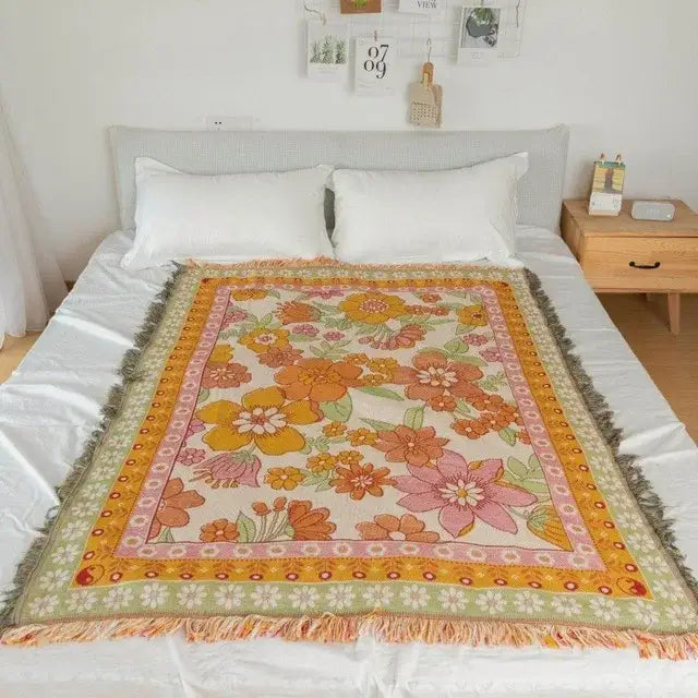 Vintage earth tone world map bohemian cotton plaid sofa blanket living room