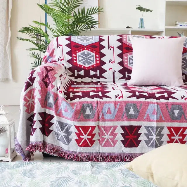 Vintage earth tone world map bohemian cotton plaid sofa blanket living room