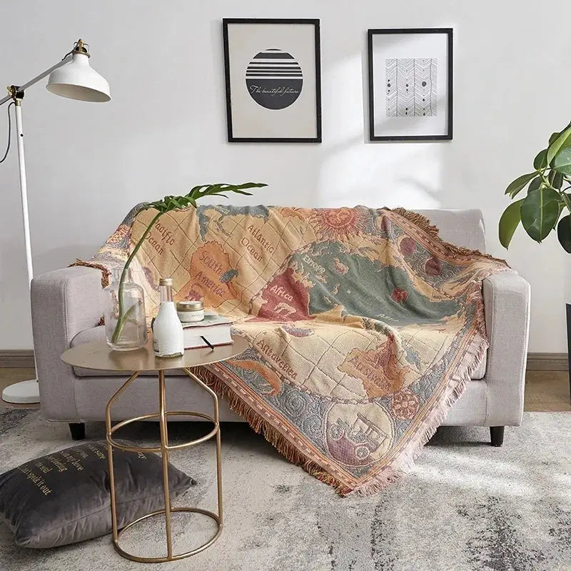 Vintage earth tone world map bohemian cotton plaid sofa blanket living room