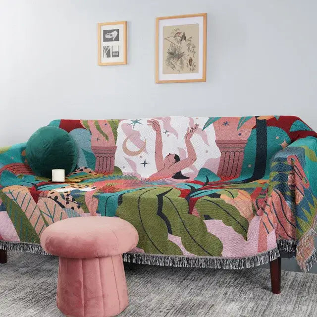 Vintage earth tone world map bohemian cotton plaid sofa blanket living room