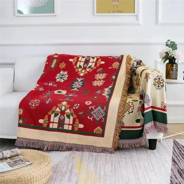 Vintage earth tone world map bohemian cotton plaid sofa blanket living room