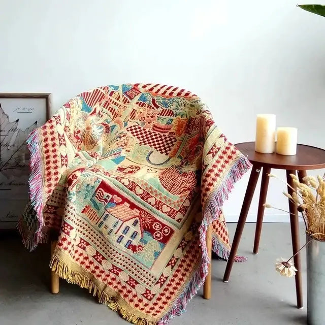 Vintage earth tone world map bohemian cotton plaid sofa blanket living room