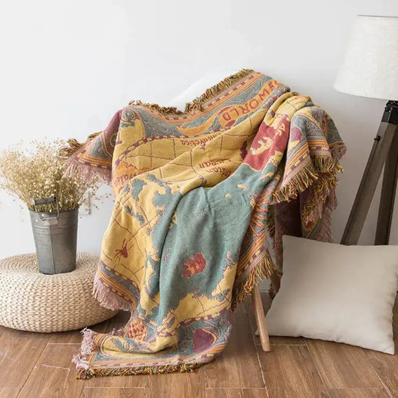 Vintage earth tone world map bohemian cotton plaid sofa blanket living room