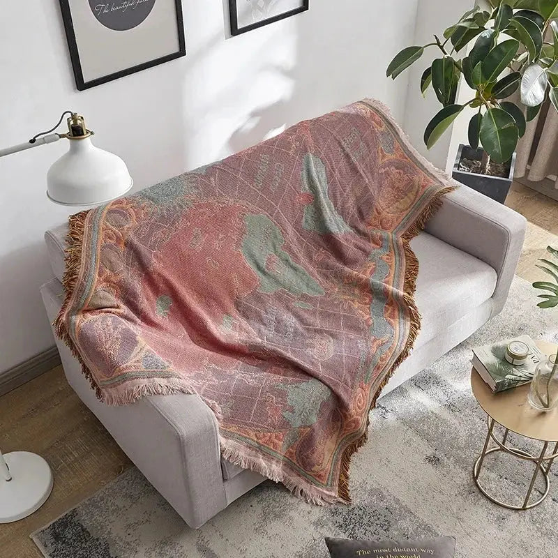 Vintage earth tone world map bohemian cotton plaid sofa blanket living room