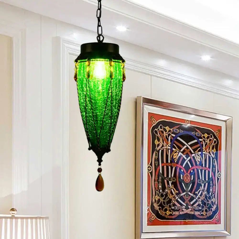 Vintage emerald green glass pendant light dining room amber beads
