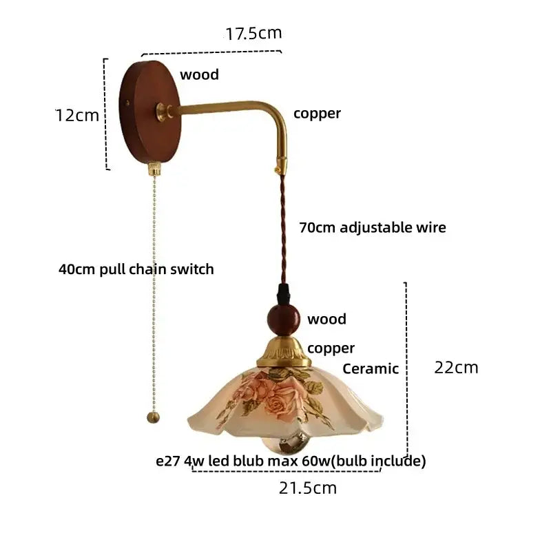 Vintage floral ceramic led wall light bedroom wood pull chain