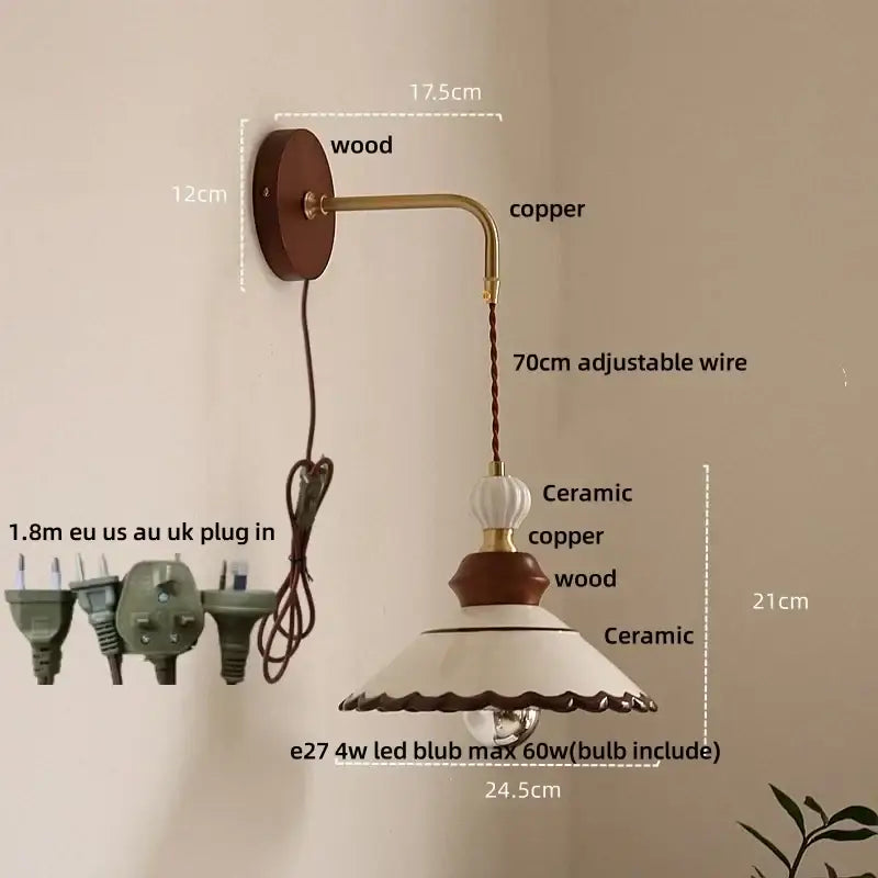 Vintage floral ceramic led wall light bedroom wood pull chain