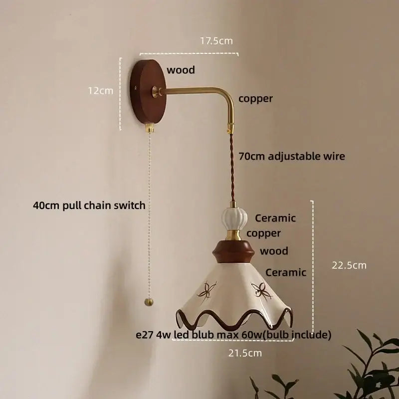 Vintage floral ceramic led wall light bedroom wood pull chain