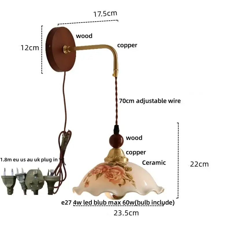 Vintage floral ceramic led wall light bedroom wood pull chain