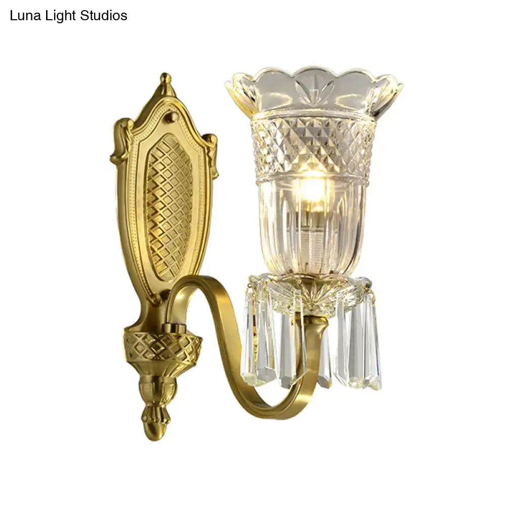 Vintage floral gold wall light bedroom crystal prism lamp