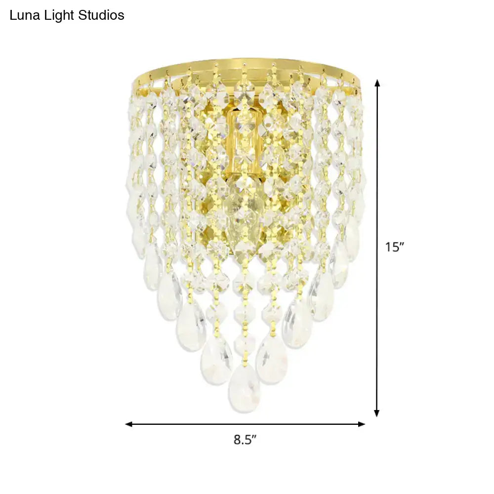 Vintage gold tapered wall mount with clear crystal draping bedroom light