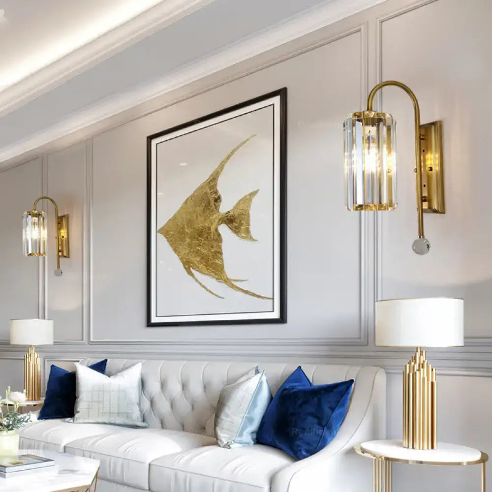 Vintage gold wall light with clear crystal shade bedroom sconce