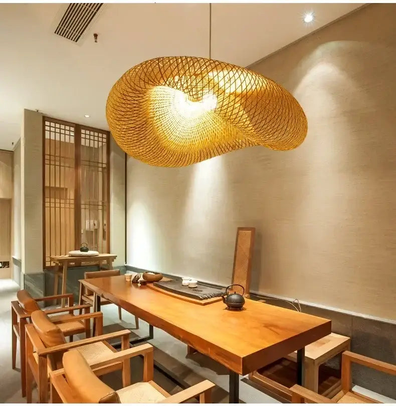 Vintage golden bamboo led pendant light dining room handcrafted weave