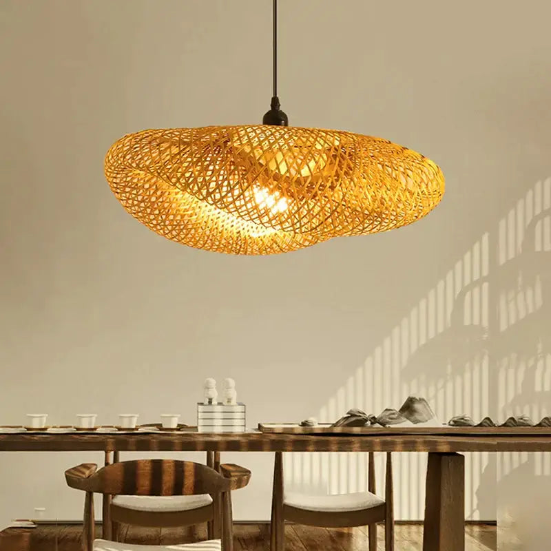 Vintage golden bamboo led pendant light dining room handcrafted weave
