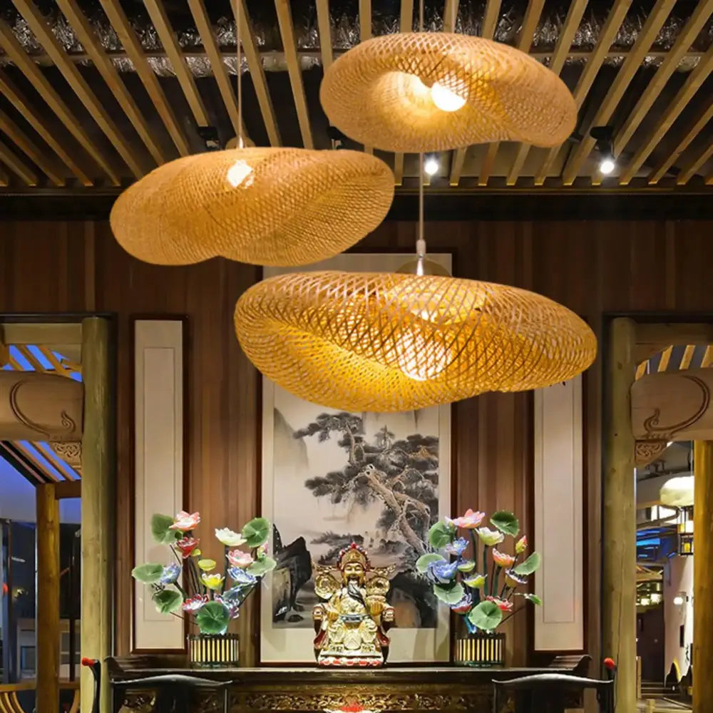 Vintage golden bamboo weave led pendant light for dining room