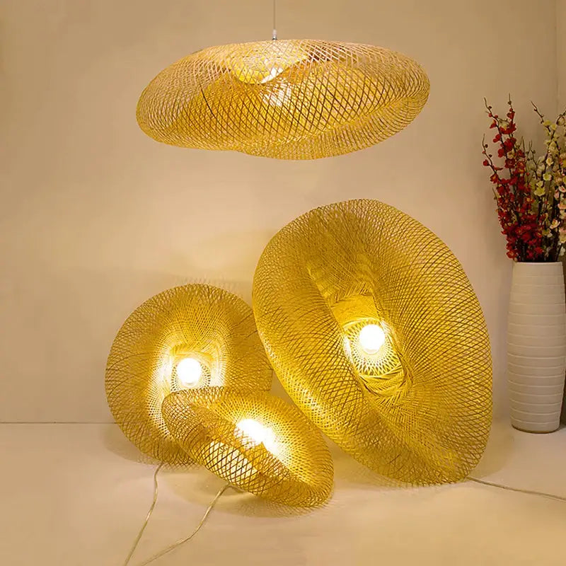 Vintage golden bamboo weave led pendant light for dining room
