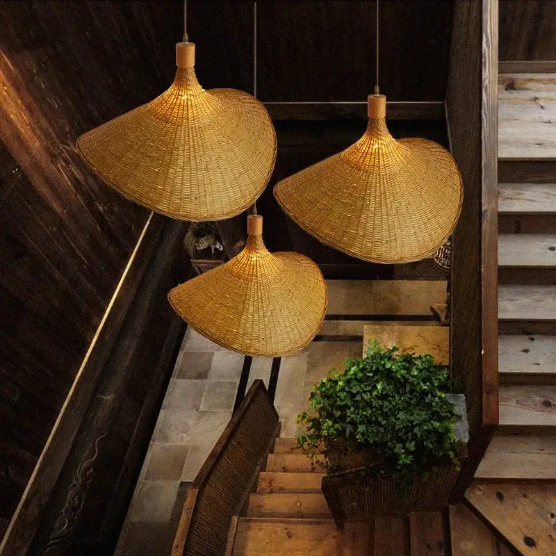 Vintage golden brown bamboo wicker chandelier dining room pendant light