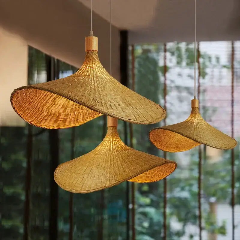 Vintage golden brown bamboo wicker chandelier dining room pendant light