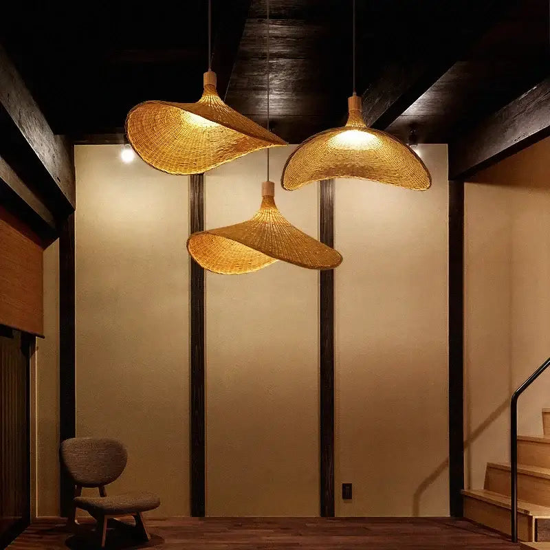 Vintage golden brown bamboo wicker chandelier dining room pendant light