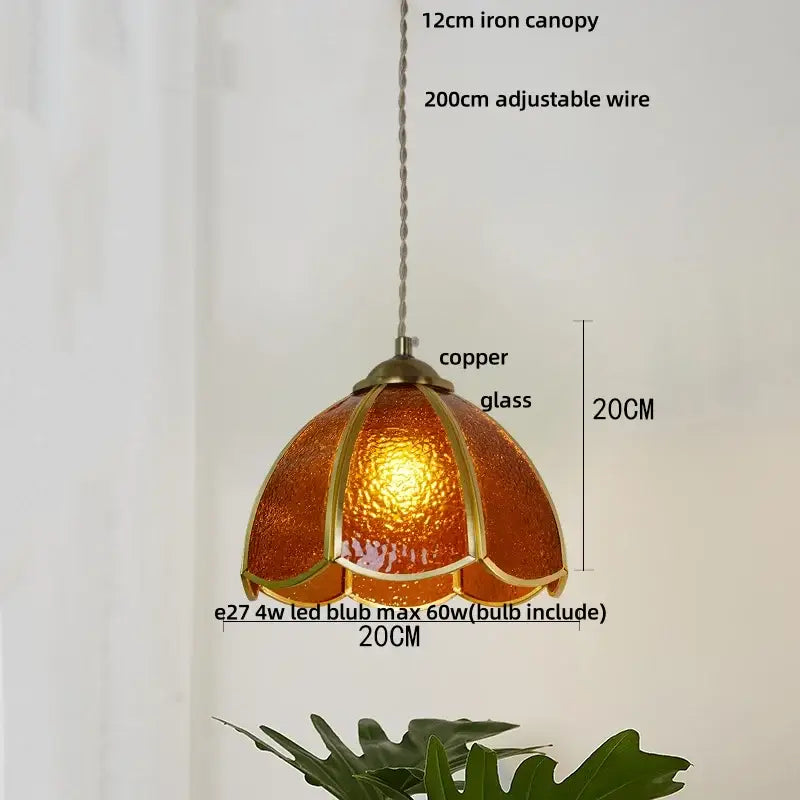Vintage green glass pendant light for dining room with wood beads