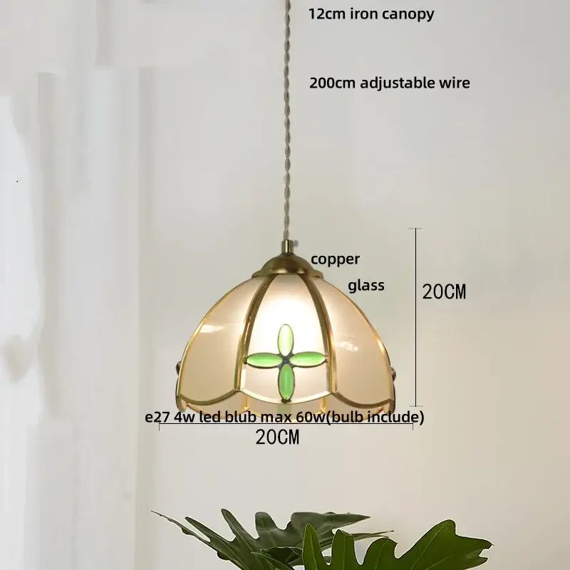 Vintage green glass pendant light for dining room with wood beads