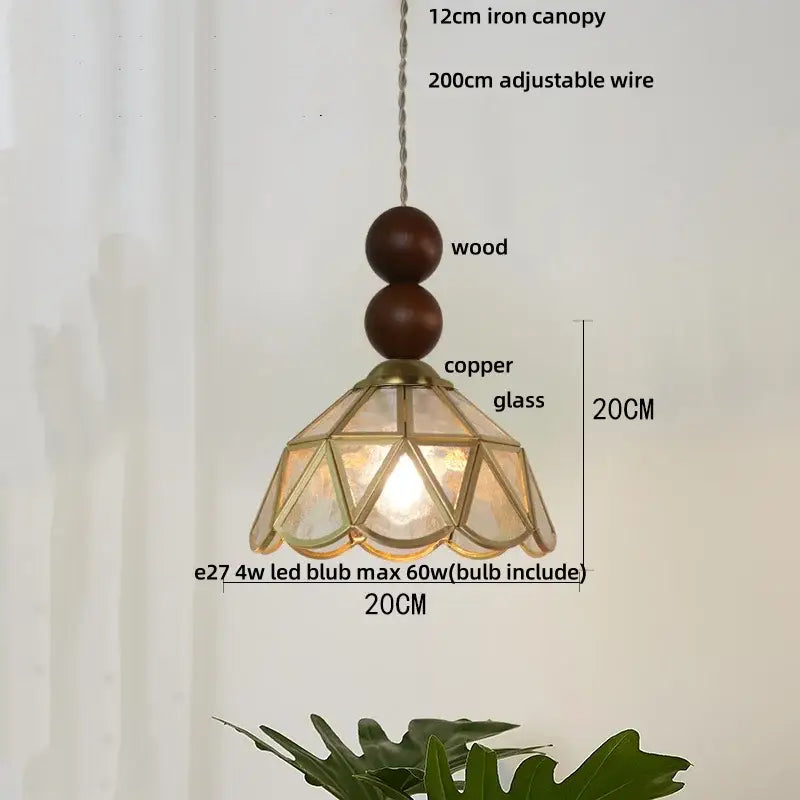Vintage green glass pendant light for dining room with wood beads