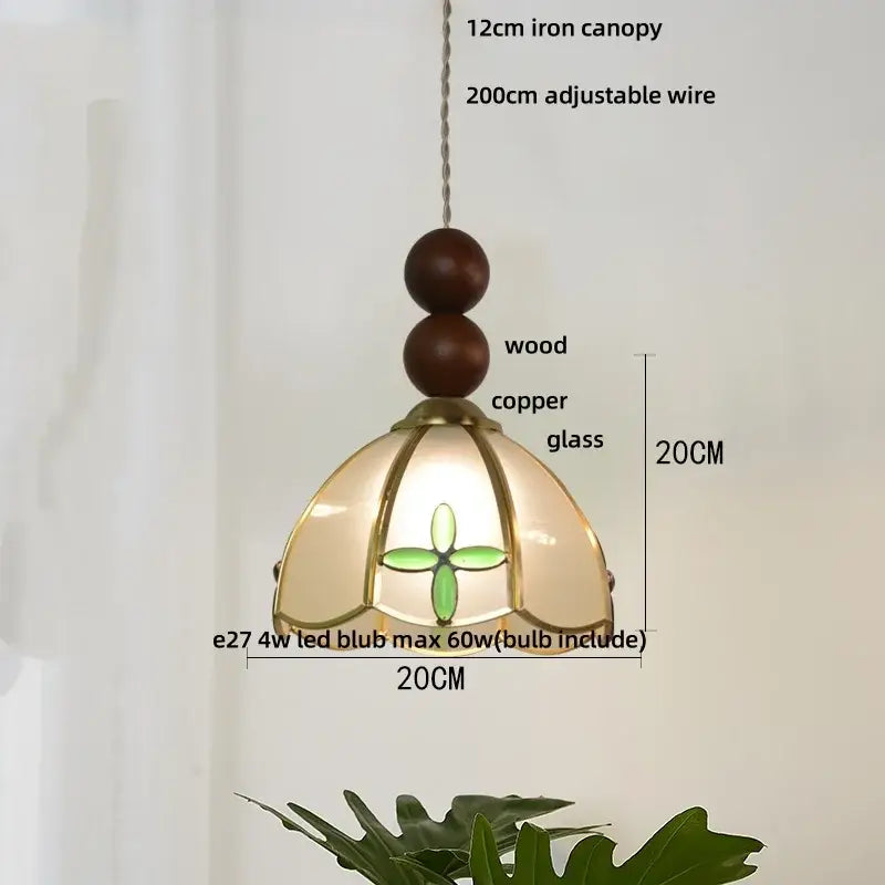 Vintage green glass pendant light for dining room with wood beads