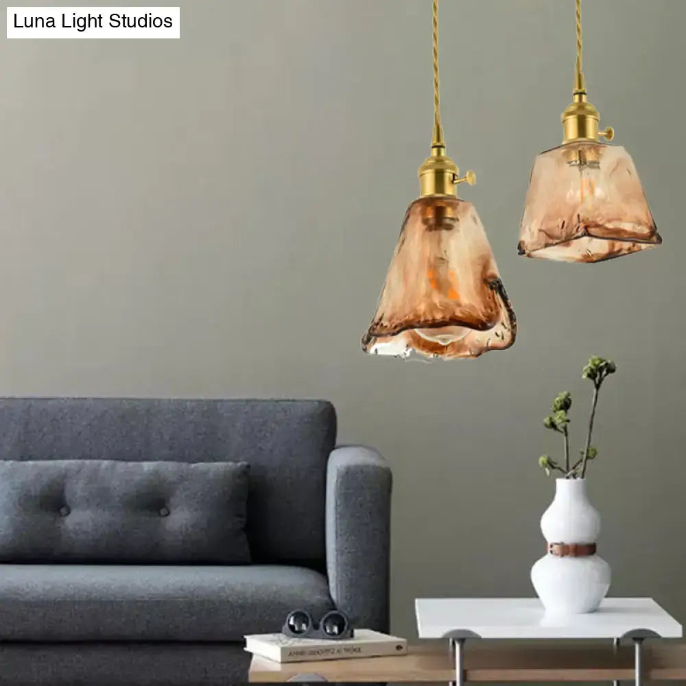 Vintage handmade brass shaded amber glass pendant kitchen light